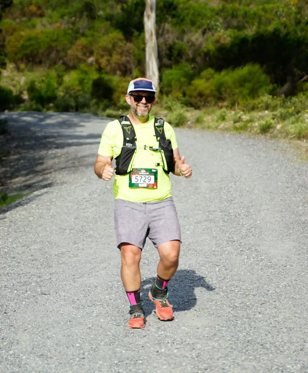 Mark giving a thumbs up on a gravel trail during the Yurrebilla 56 km Ultra, September 2026